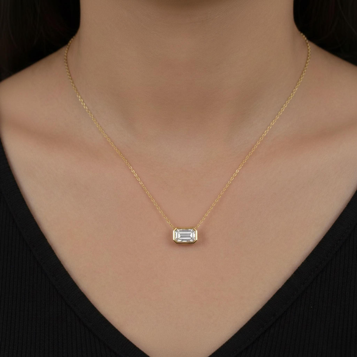 Bezel Set Emerald Cut Lab Grown Diamond Pendant Necklace