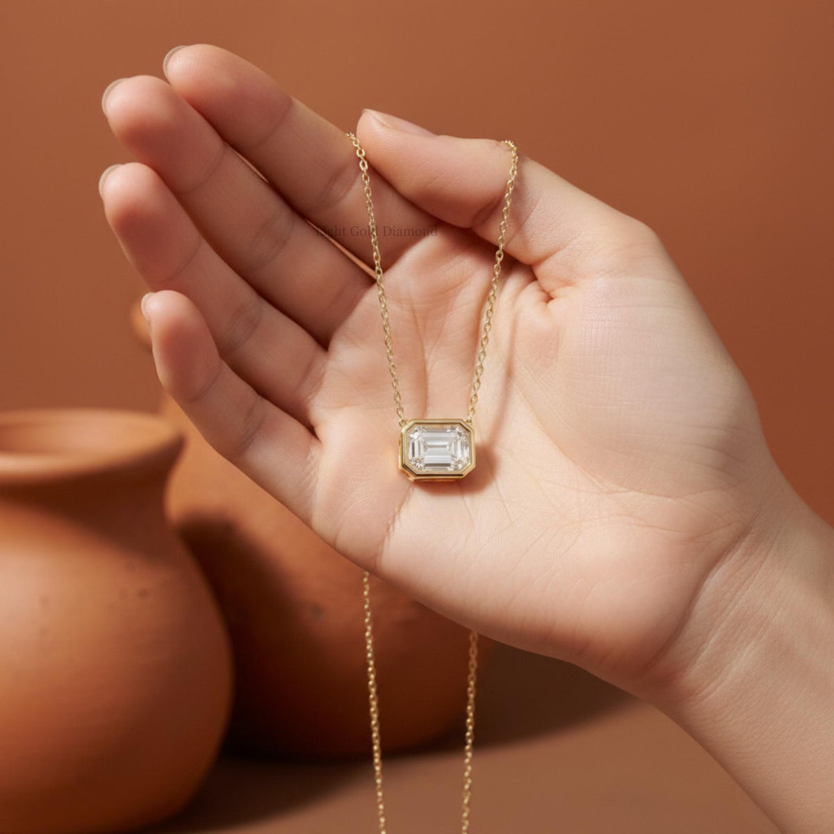 Bezel Set Emerald Cut Lab Grown Diamond Pendant Necklace