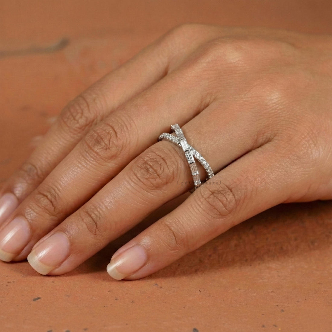 Crossover Round & Baguette Diamond Wedding Ring