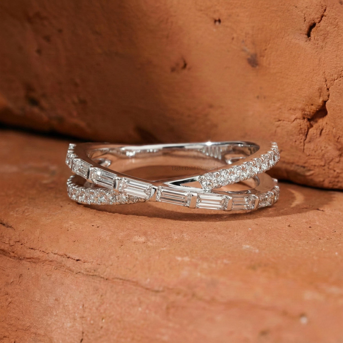 Crossover Round & Baguette Diamond Wedding Ring