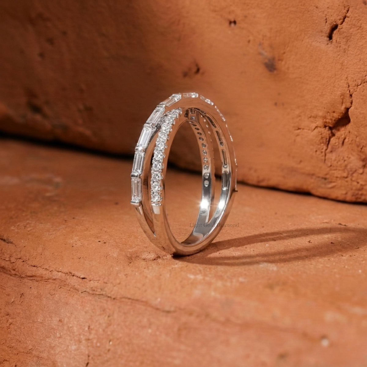 Crossover Round & Baguette Diamond Wedding Ring