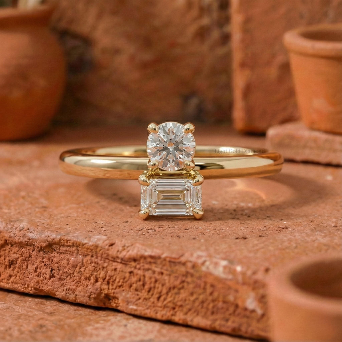Dainty Baguette & Round Cut Lab Grown Diamond Ring