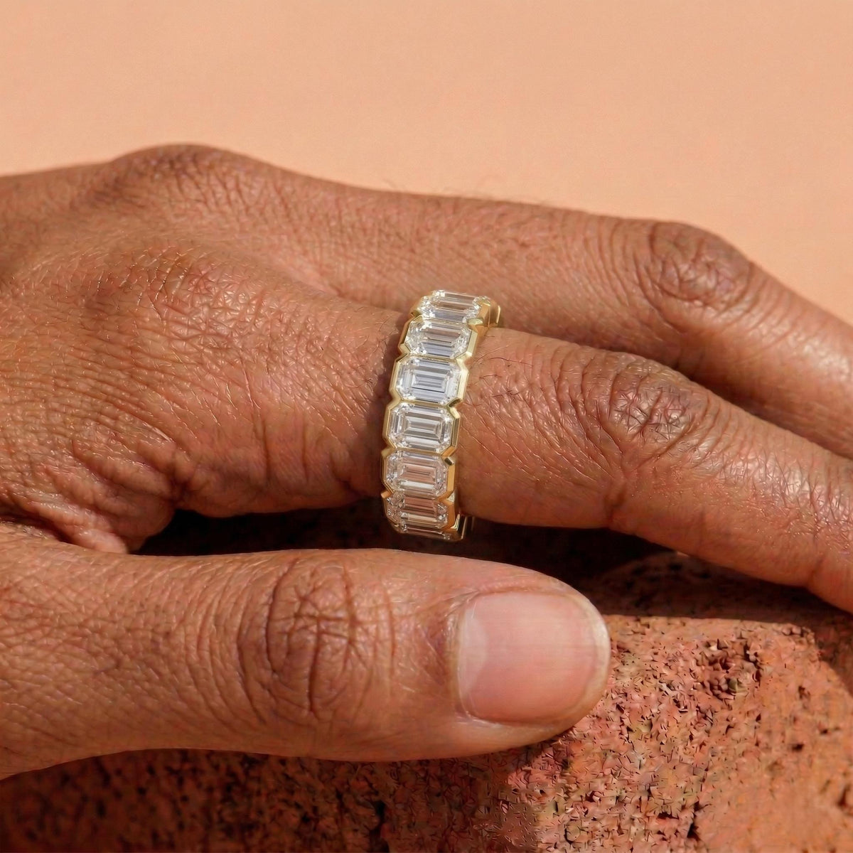 Emerald Cut Lab Diamond Full Eternity Band Half Bezel