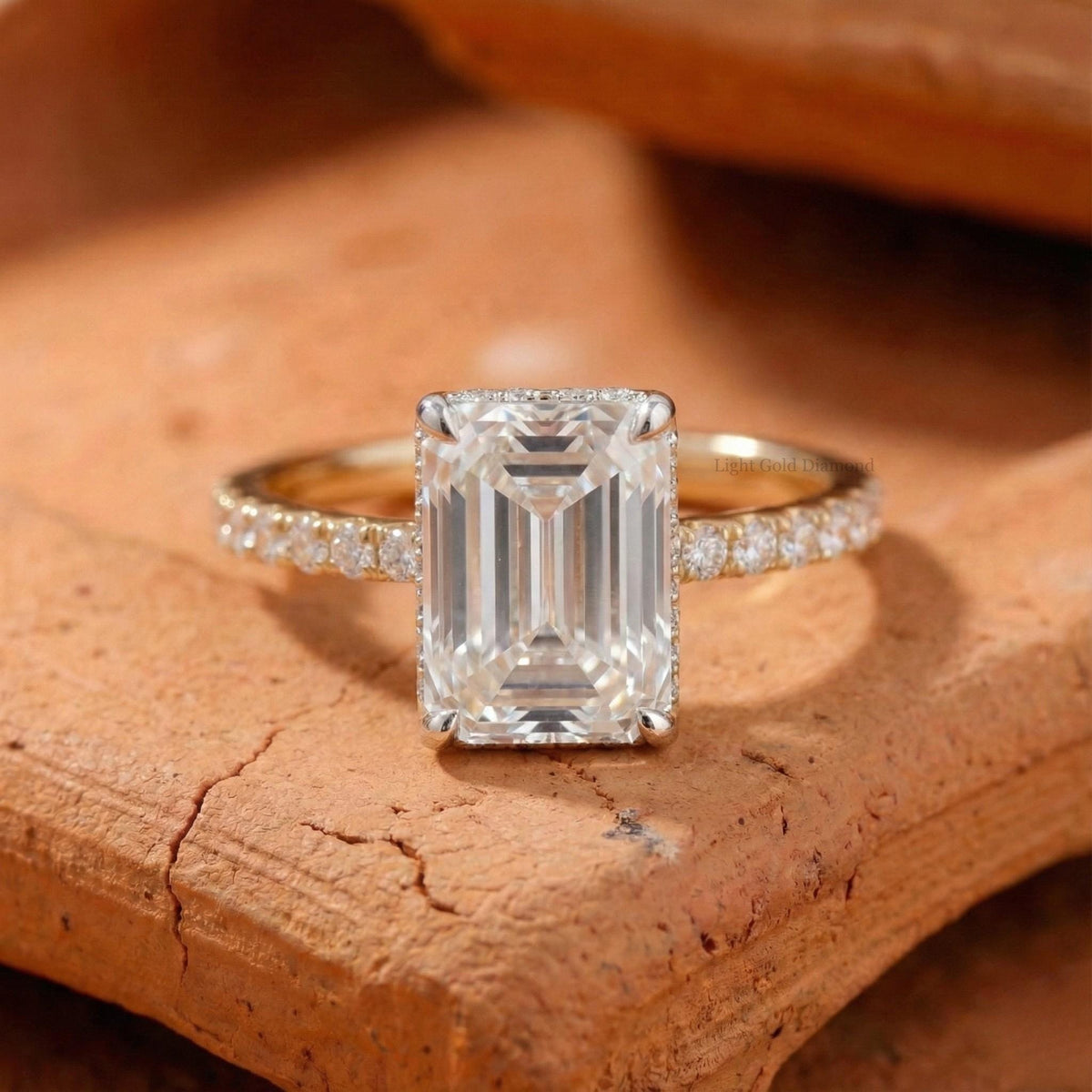 Emerald Cut Lab Grown Diamond Hidden Halo Ring