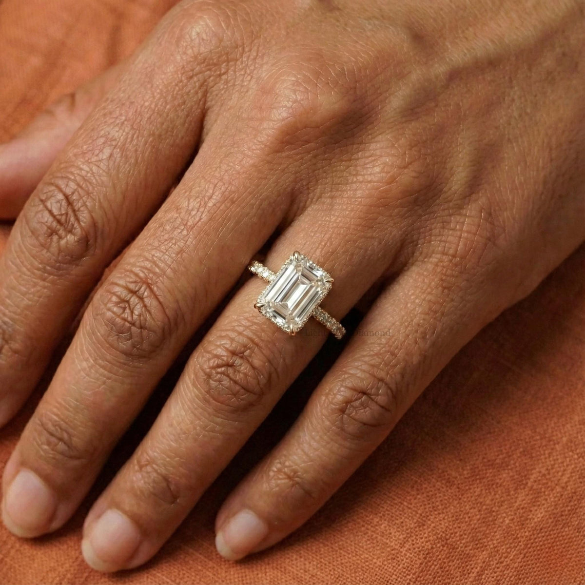 Emerald Cut Lab Grown Diamond Hidden Halo Ring