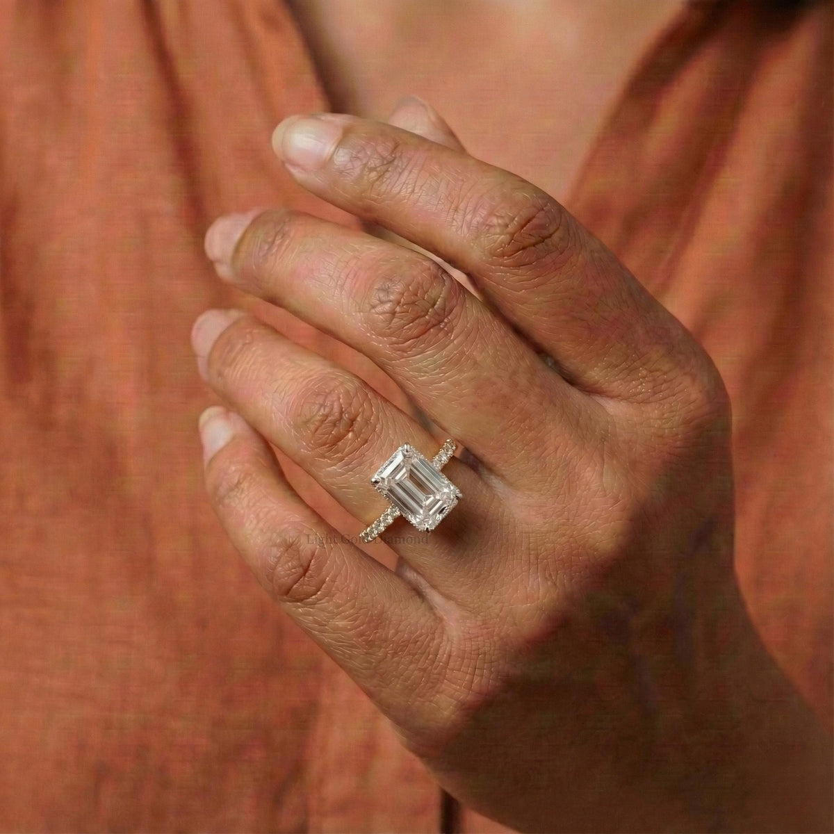 Emerald Cut Lab Grown Diamond Hidden Halo Ring