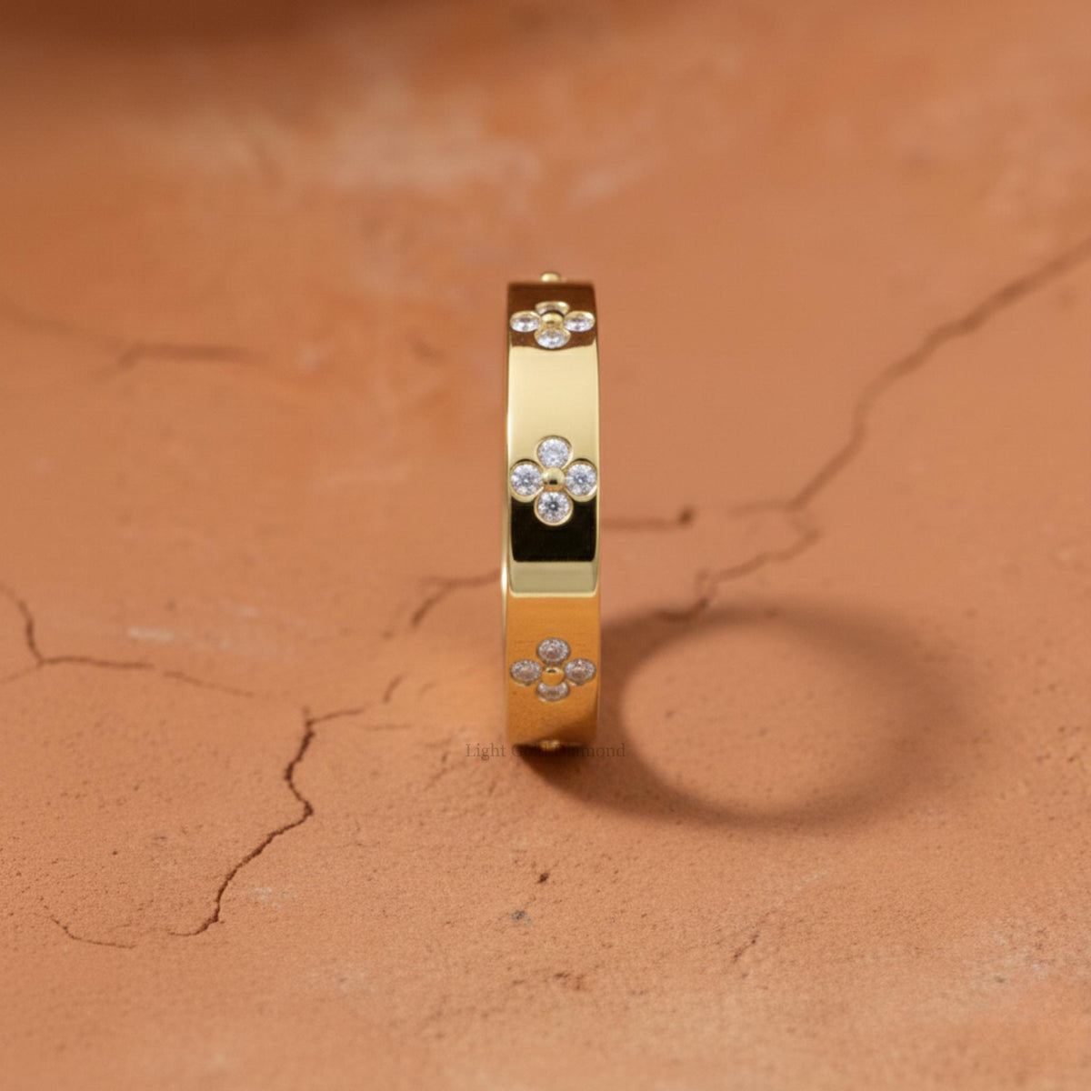 Flush Set Diamond Gold Wedding Band Stend pose 