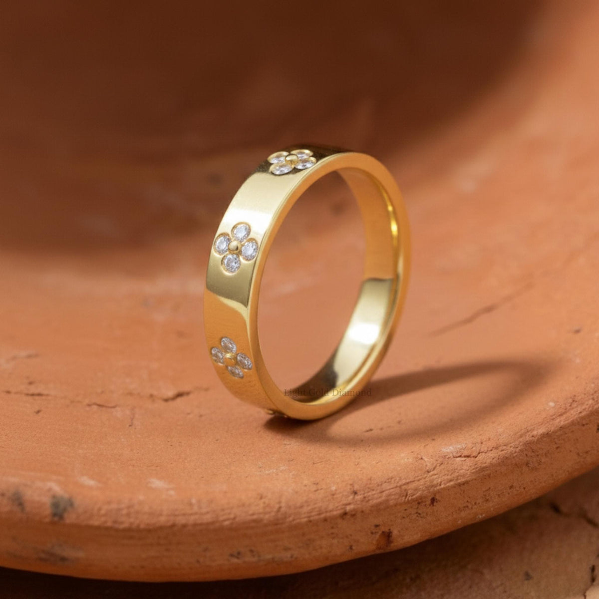 Flush Set Diamond Gold Wedding Band  Stend pose Front View 