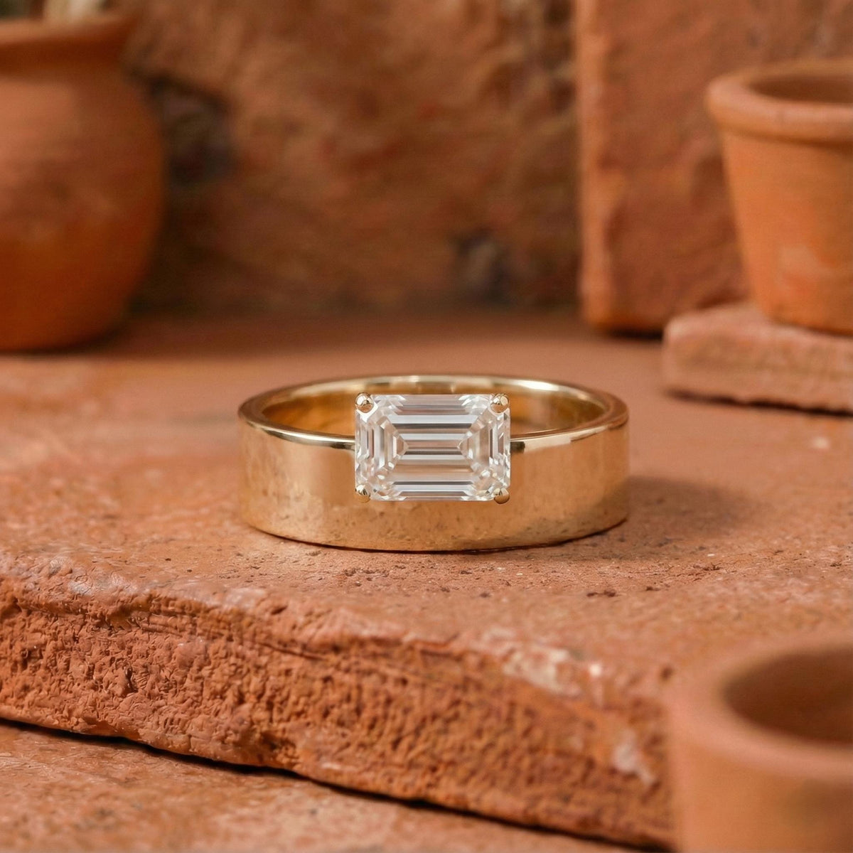 Horizontal Emerald Diamond Ring with Thick Band