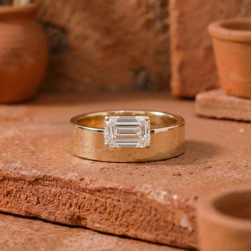 Horizontal Emerald Diamond Ring with Thick Band