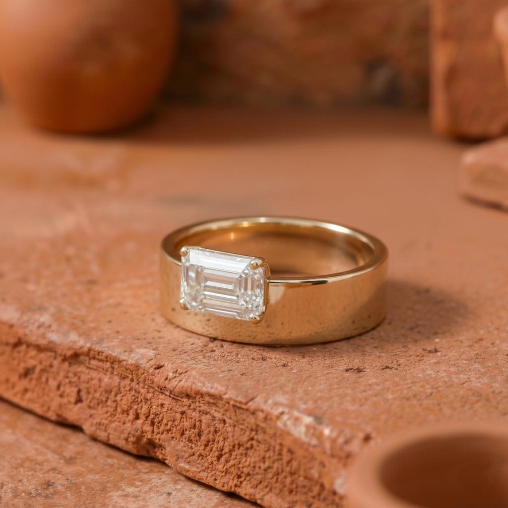 Horizontal Emerald Diamond Ring with Thick Band