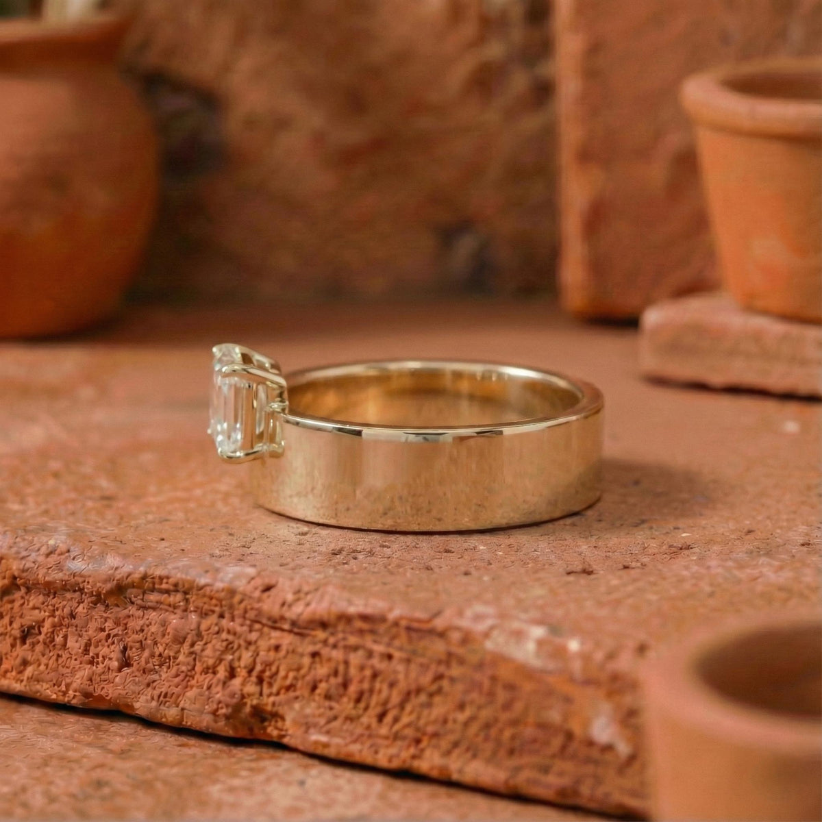 Horizontal Emerald Diamond Ring with Thick Band