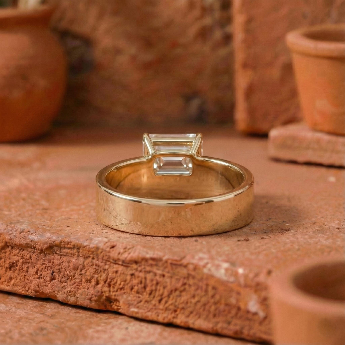 Horizontal Emerald Diamond Ring with Thick Band