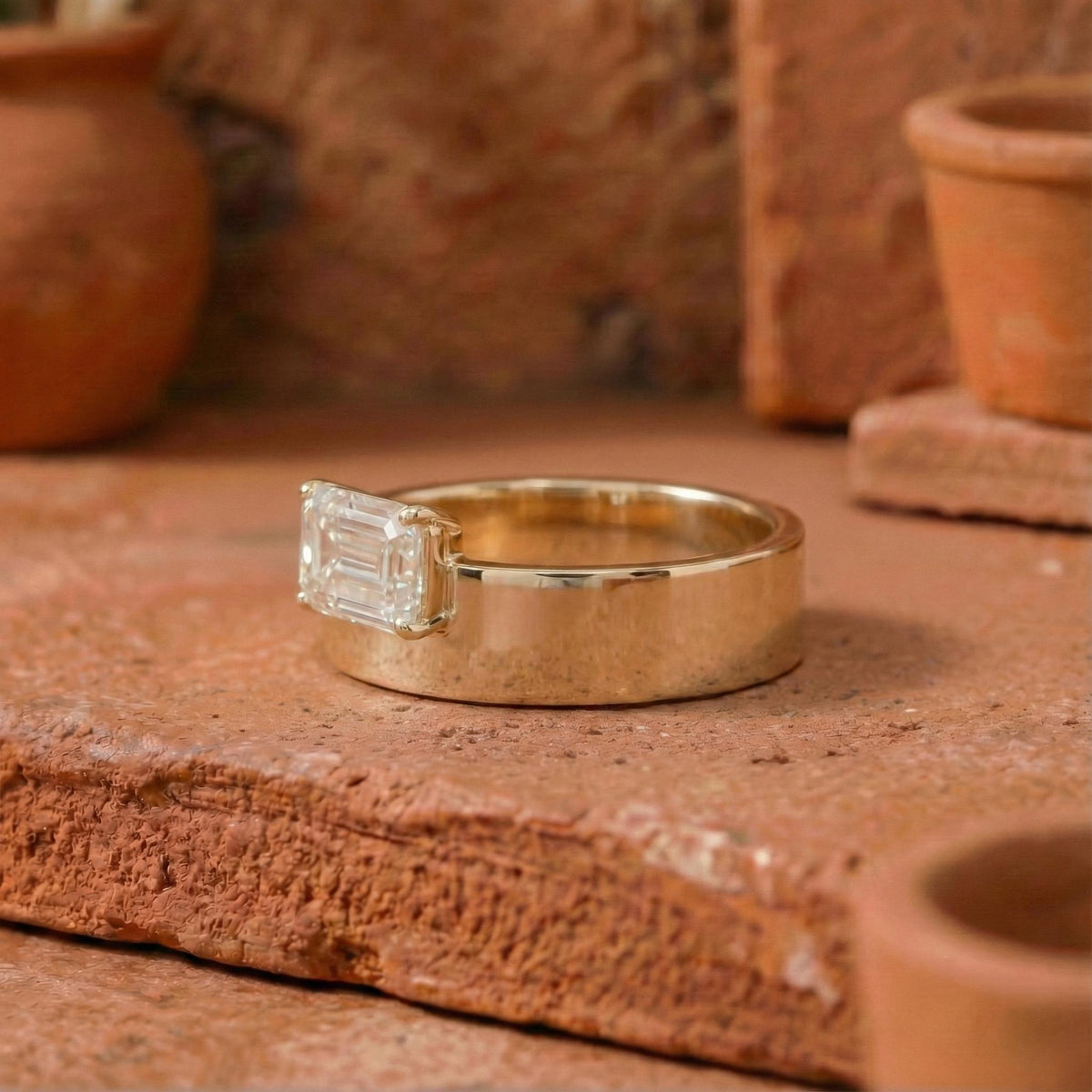 Horizontal Emerald Diamond Ring with Thick Band
