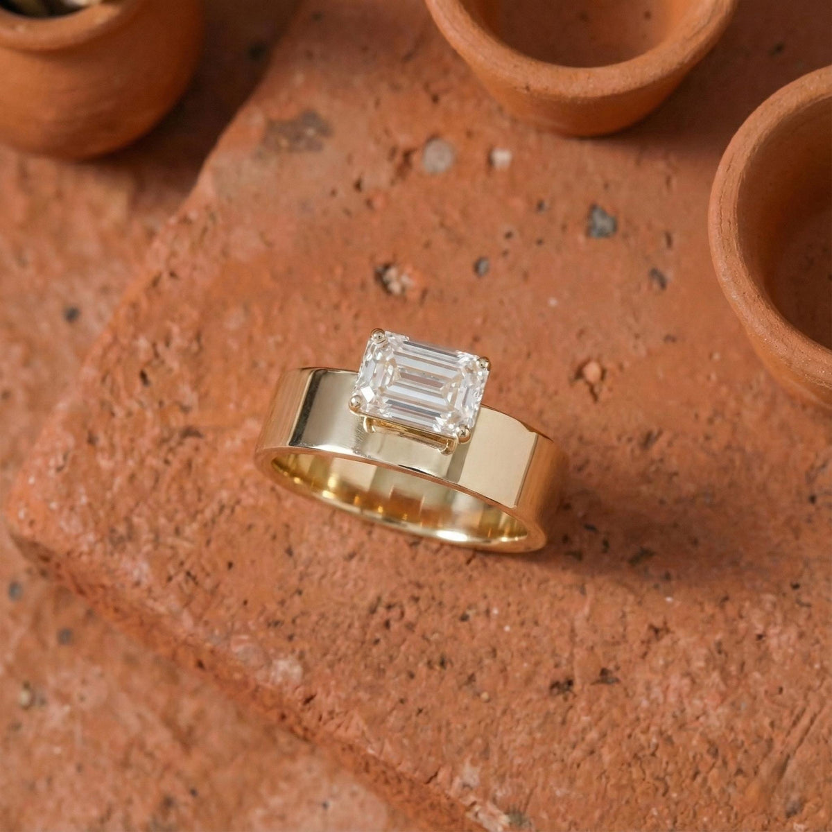 Horizontal Emerald Diamond Ring with Thick Band
