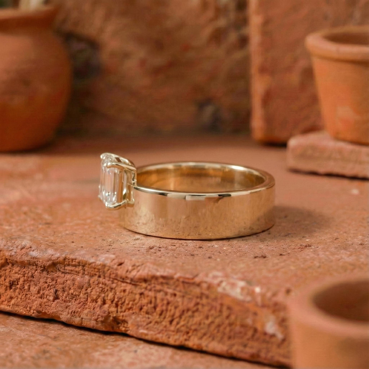 Horizontal Emerald Diamond Ring with Thick Band