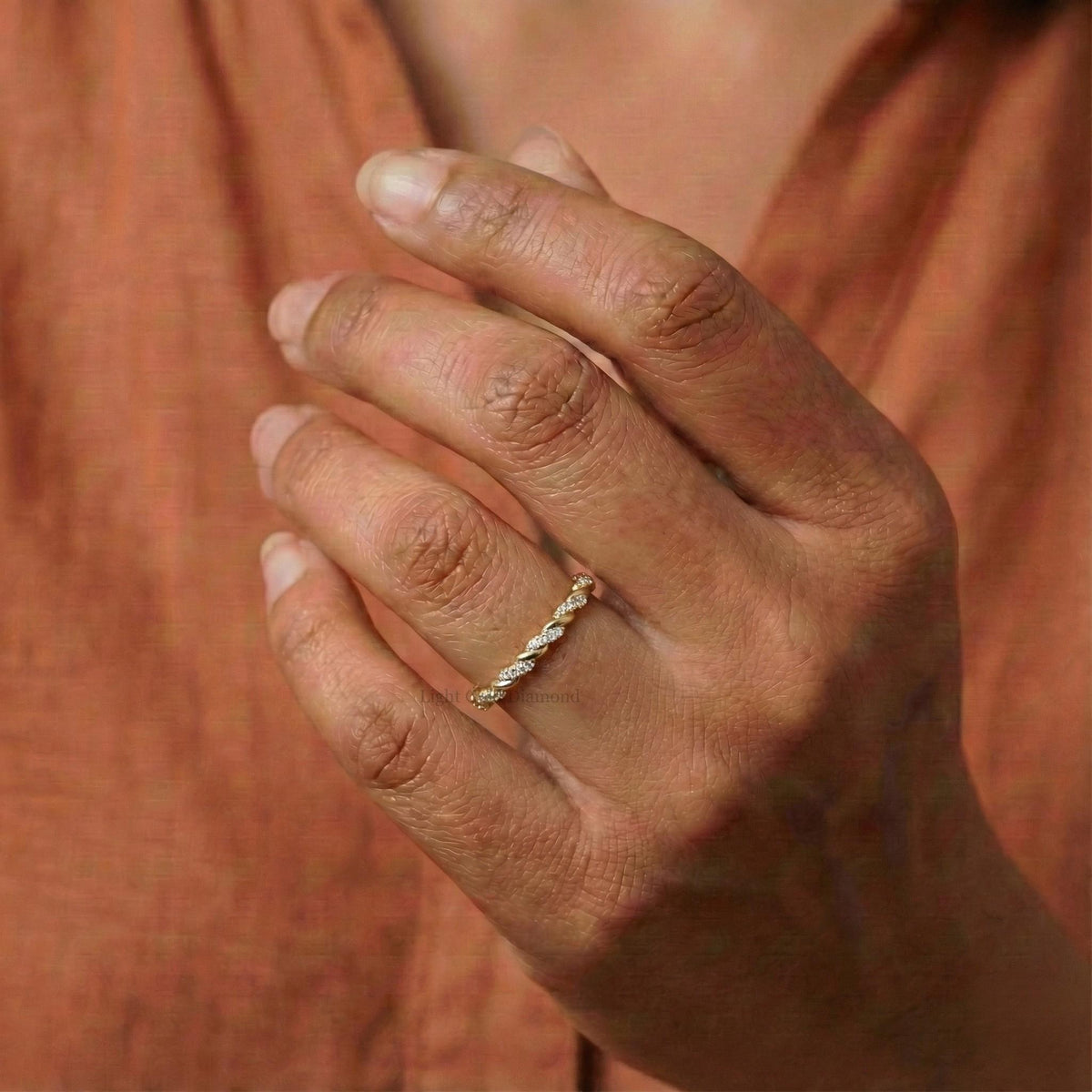 Lab Grown Diamond Twisted Wedding Band Finger Pose