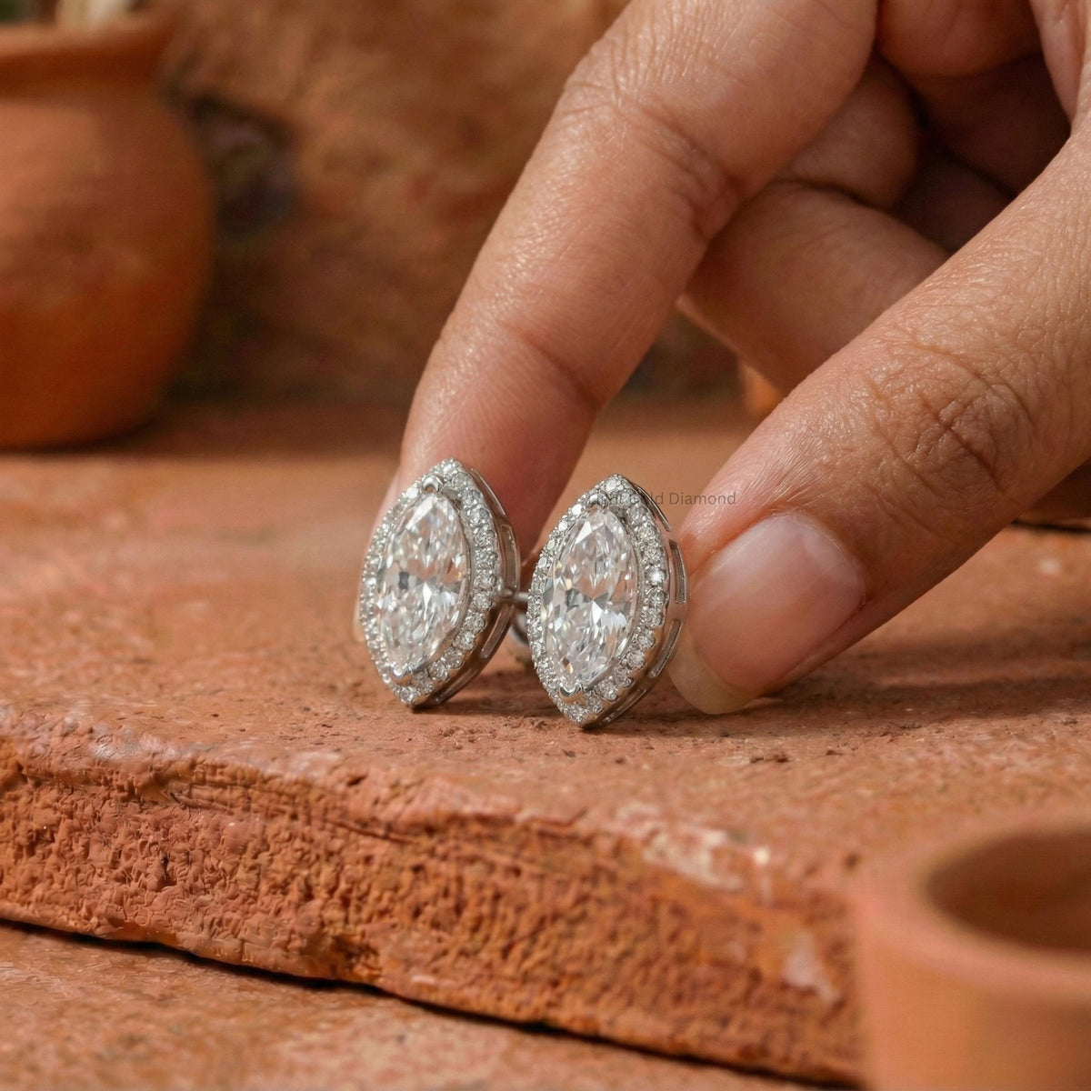 Marquise Diamond Halo Stud Earrings