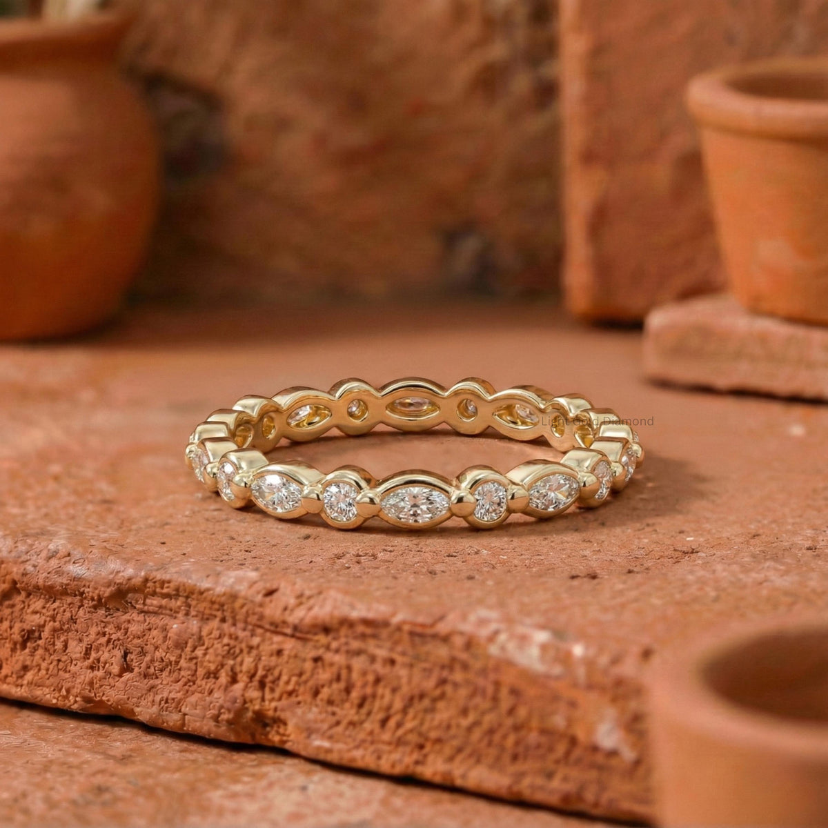 Marquise & Round Cut Diamond Bezel Set Wedding Band