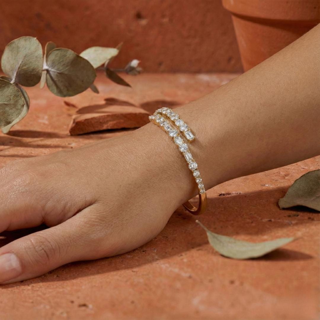Mixed Shape Lab-Grown Diamond Open Bangle Bracelet