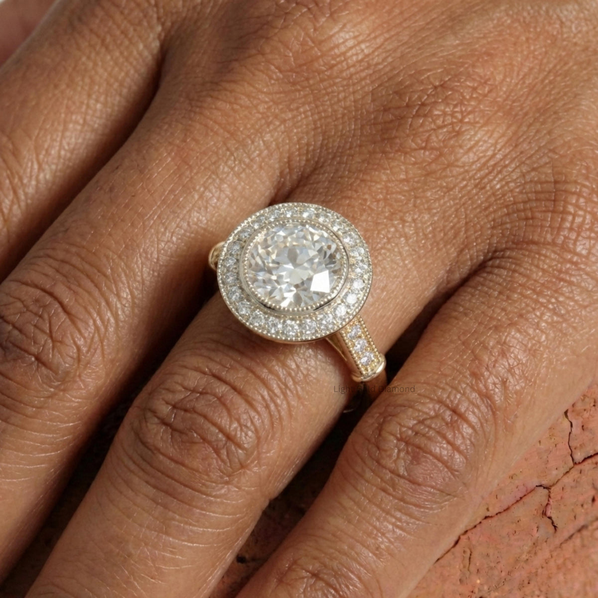 Old Mine Round Cut Lab Grown Diamond Halo Ring