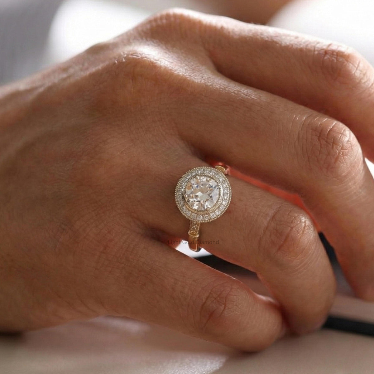 Old Mine Round Cut Lab Grown Diamond Halo Ring