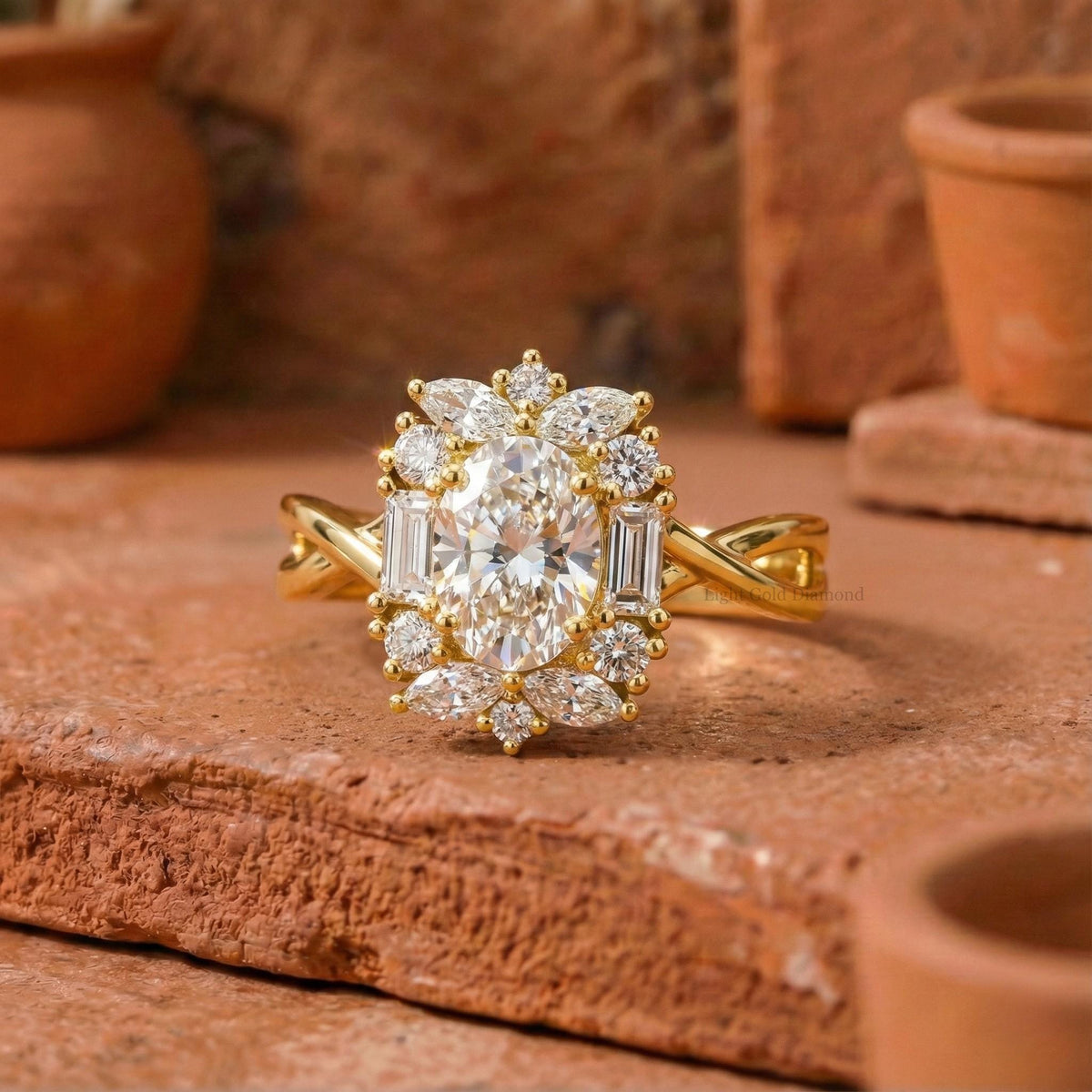 Oval Cut Lab Grown Diamond Ring with Unique Halo Twisted Shank