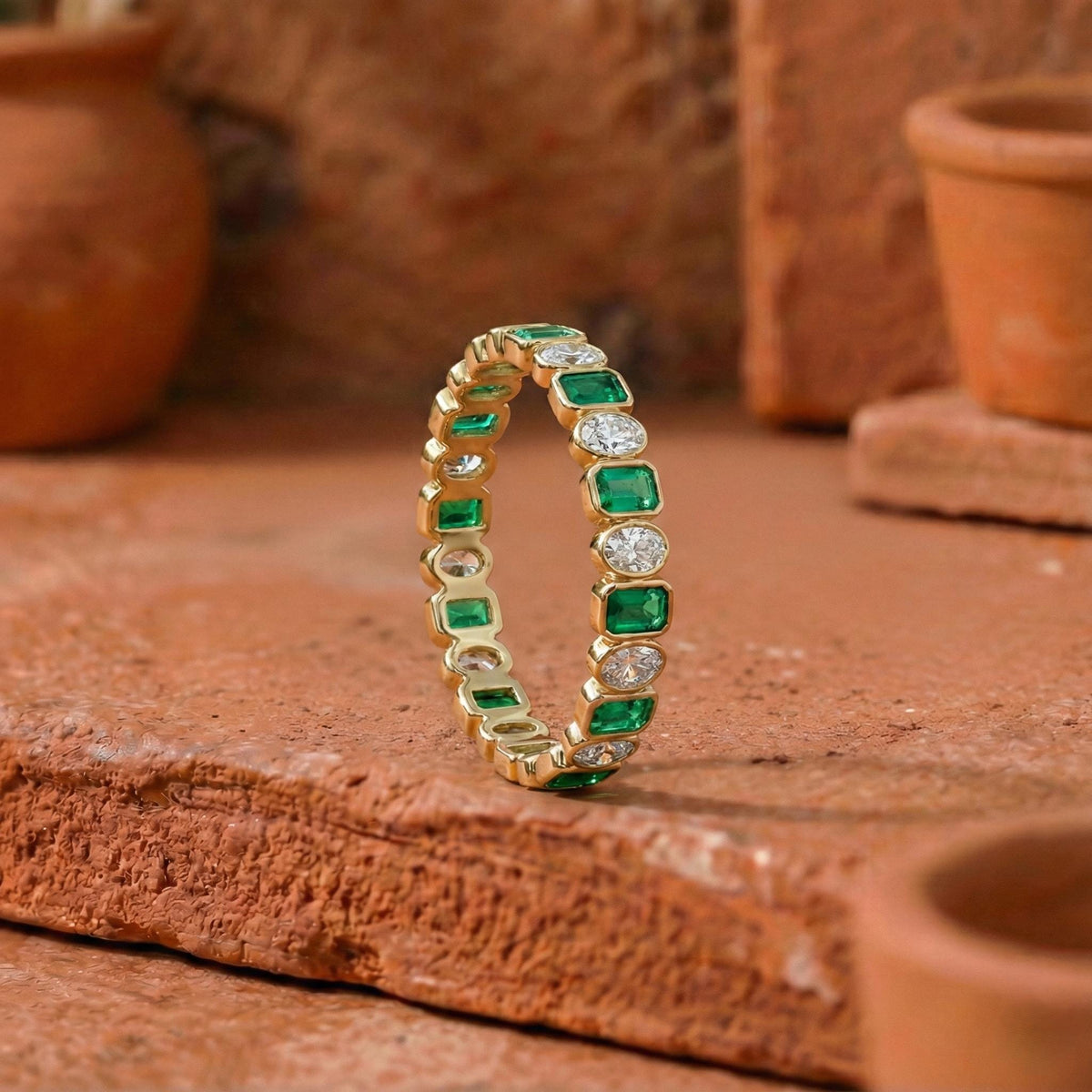 Oval Diamond & Emerald Gemstone Wedding Band