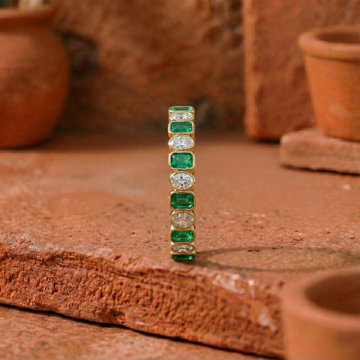 Oval Diamond & Emerald Gemstone Wedding Band