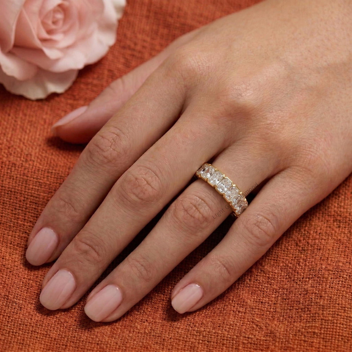 Radiant Cut Lab Grown Diamond Full Eternity Wedding Band Middal finger 