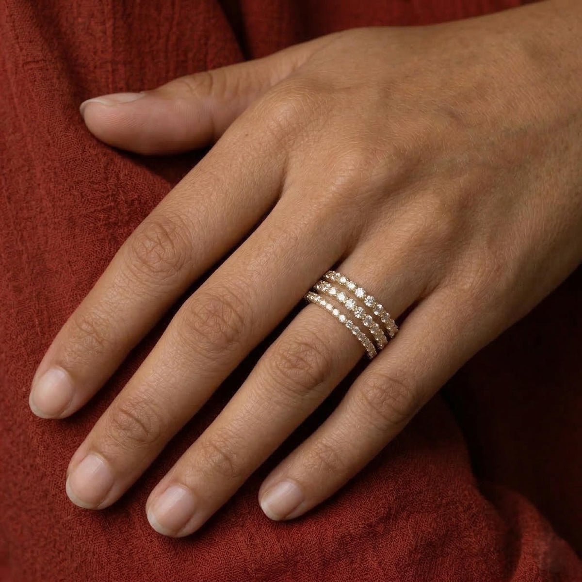 Round Diamond Full Eternity Stacking Band  Hend pose 