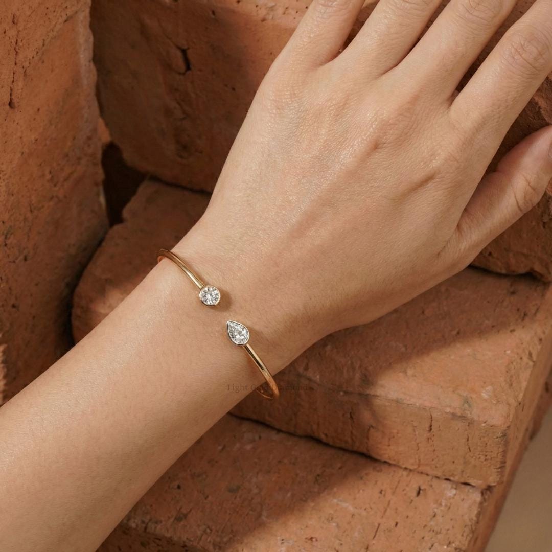 Round and Pear Lab-Grown Diamond Open Bangle Bracelet