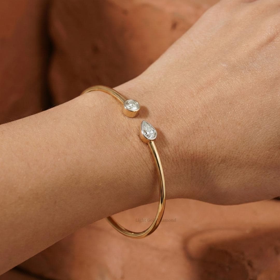 Round and Pear Lab-Grown Diamond Open Bangle Bracelet