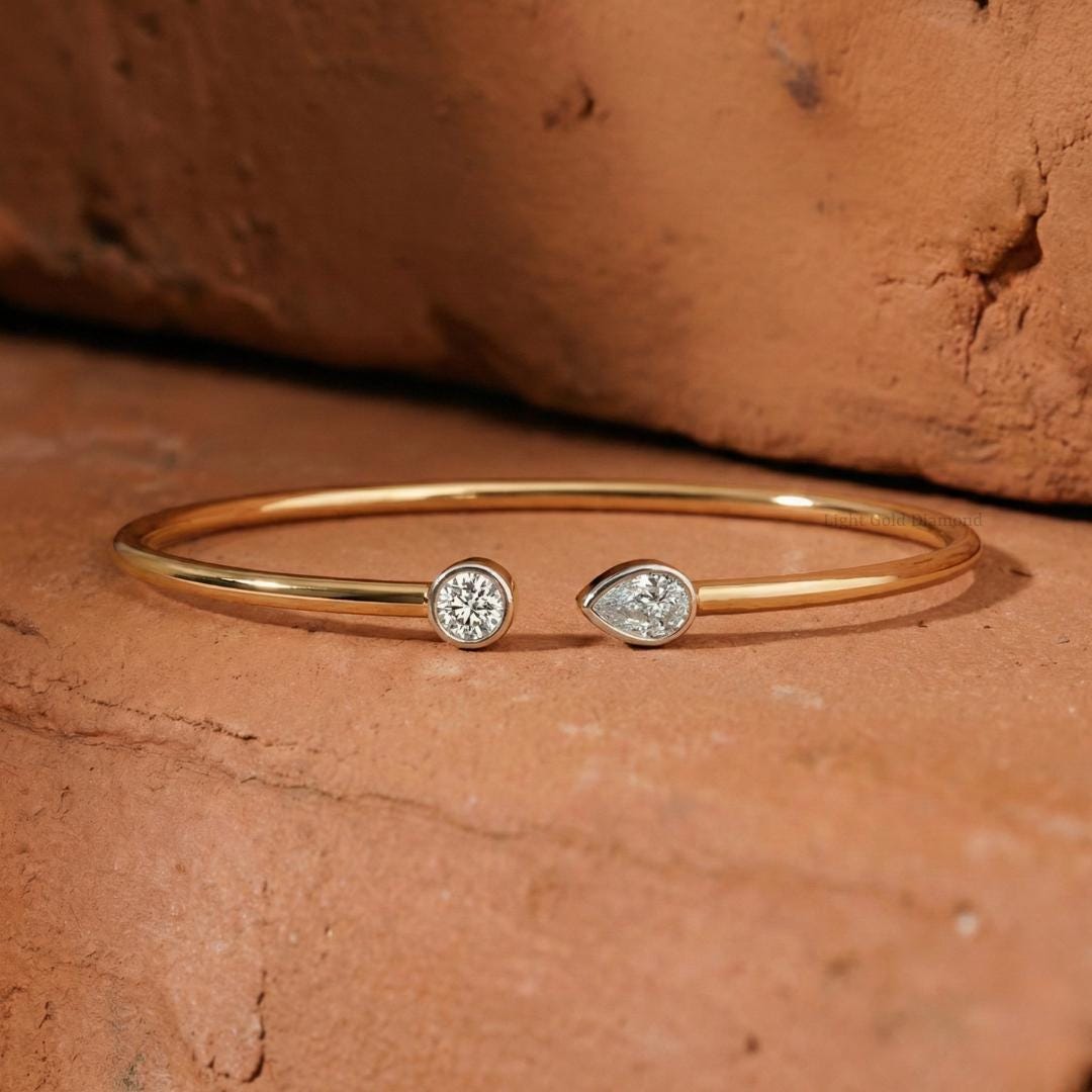Round and Pear Lab-Grown Diamond Open Bangle Bracelet