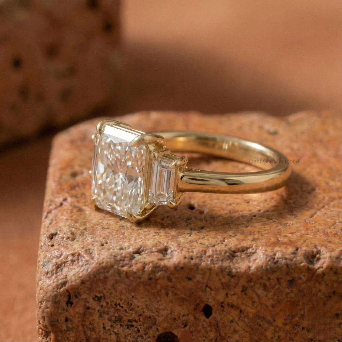 Three Stone Radiant Cut Lab Grown Diamond Ring Trapezoids