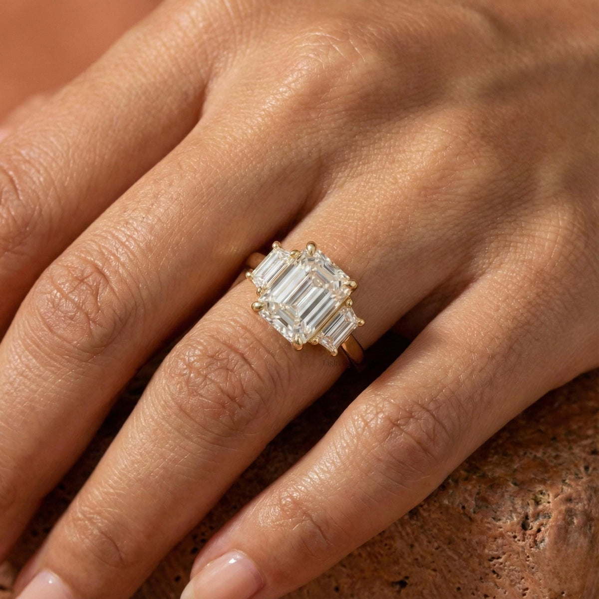 Emerald Cut Lab Grown Diamond Trilogy Ring with Trapezoid Sides