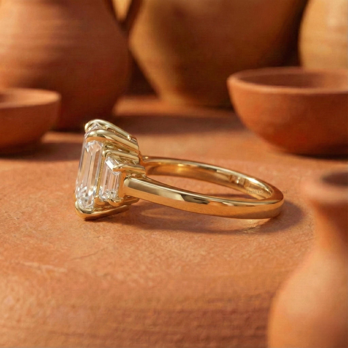 Emerald Cut Lab Grown Diamond Trilogy Ring with Trapezoid Sides