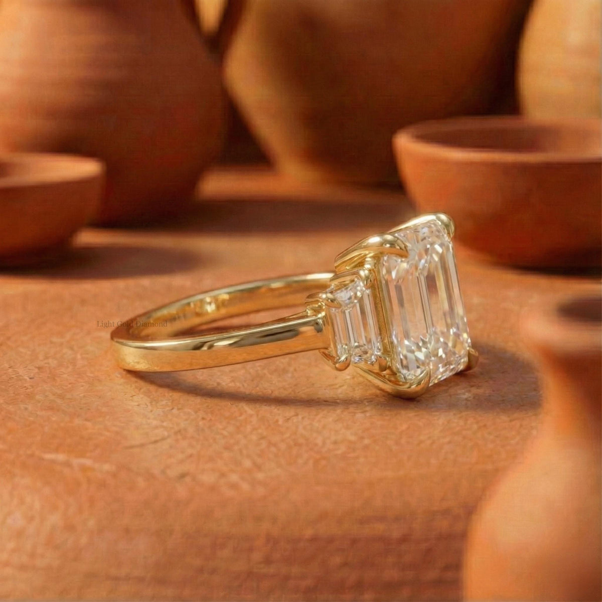 Emerald Cut Lab Grown Diamond Trilogy Ring with Trapezoid Sides