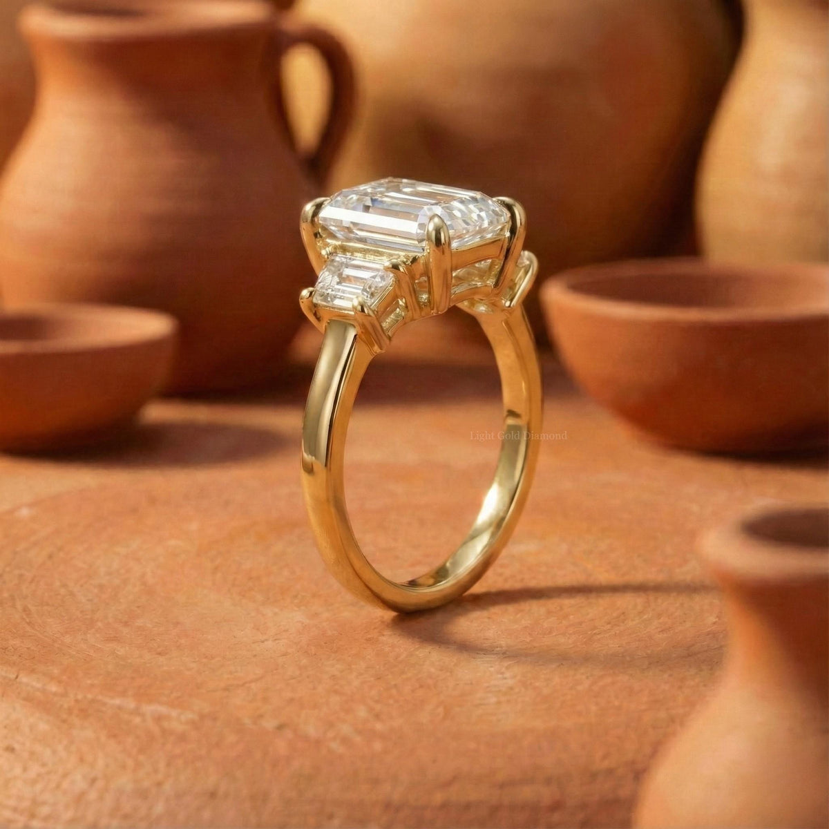 Emerald Cut Lab Grown Diamond Trilogy Ring with Trapezoid Sides