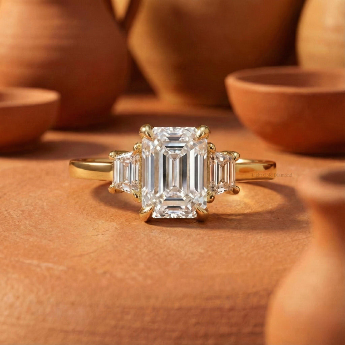 Emerald Cut Lab Grown Diamond Trilogy Ring with Trapezoid Sides