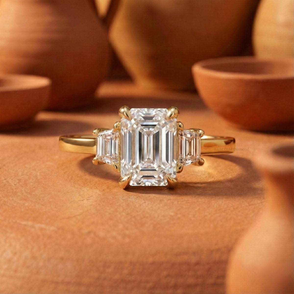 Emerald Cut Lab Grown Diamond Trilogy Ring with Trapezoid Sides