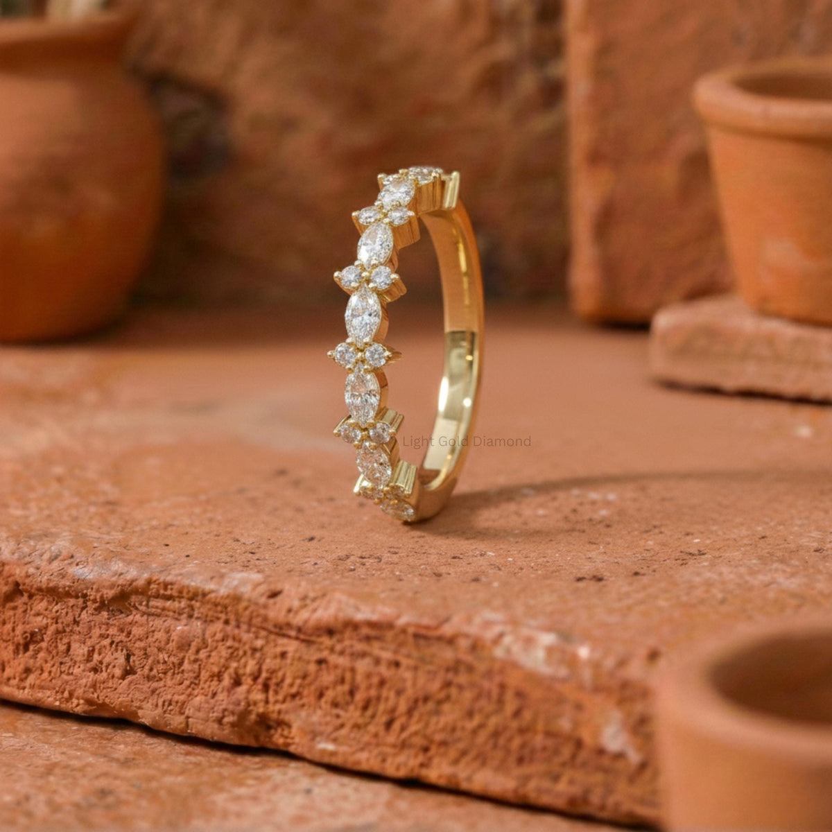 Marquise & Round Cut Lab Grown Diamond Half Eternity Band For Bridal Gift