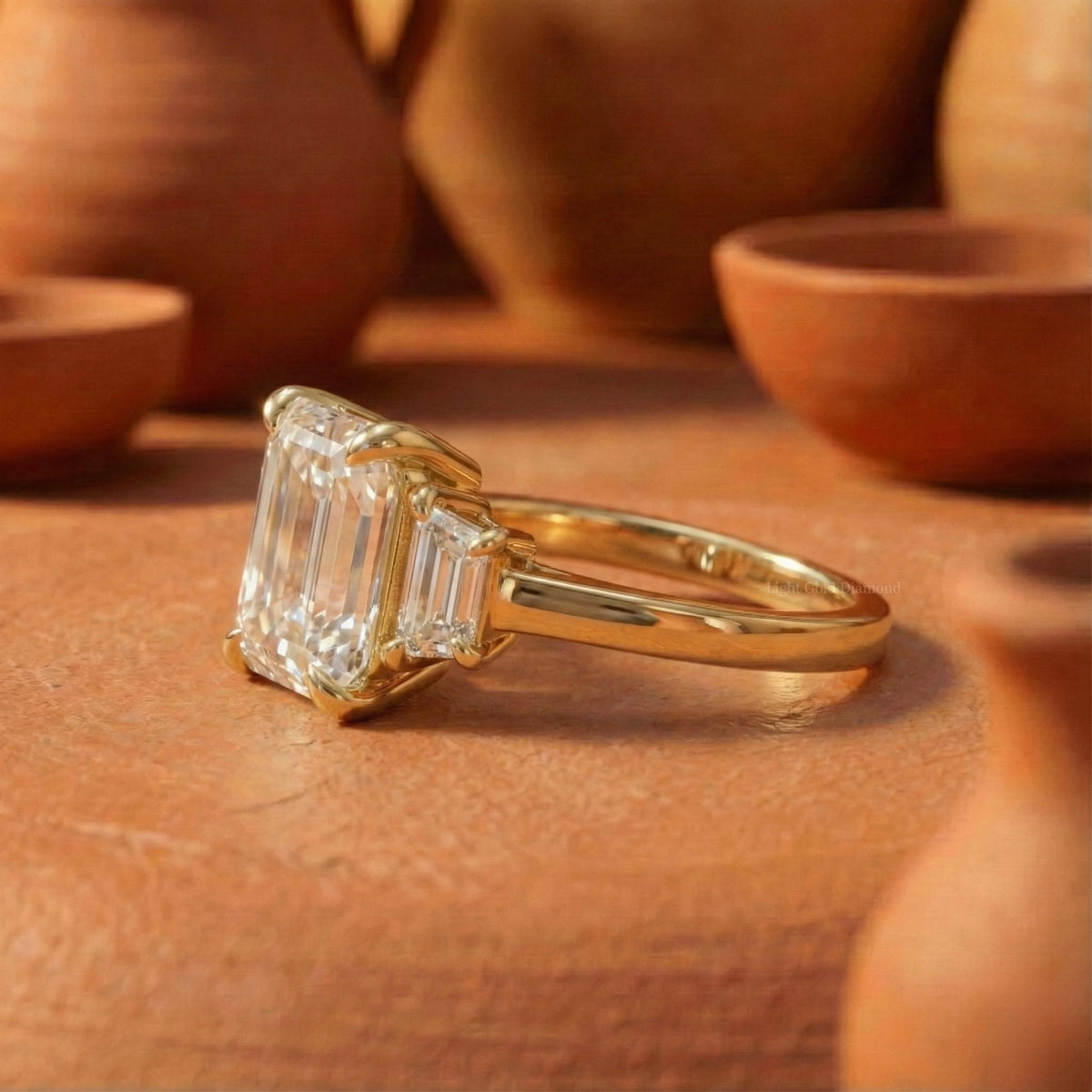 Emerald Cut Lab Grown Diamond Trilogy Ring with Trapezoid Sides