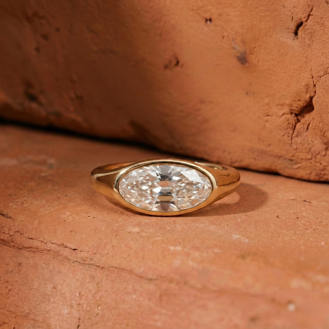 Old Mine Moval Cut Lab Grown Diamond East West Solitaire Ring