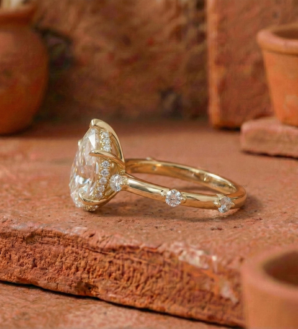 Lab Grown Pear Cut Diamond Hidden Halo Solitaire Ring