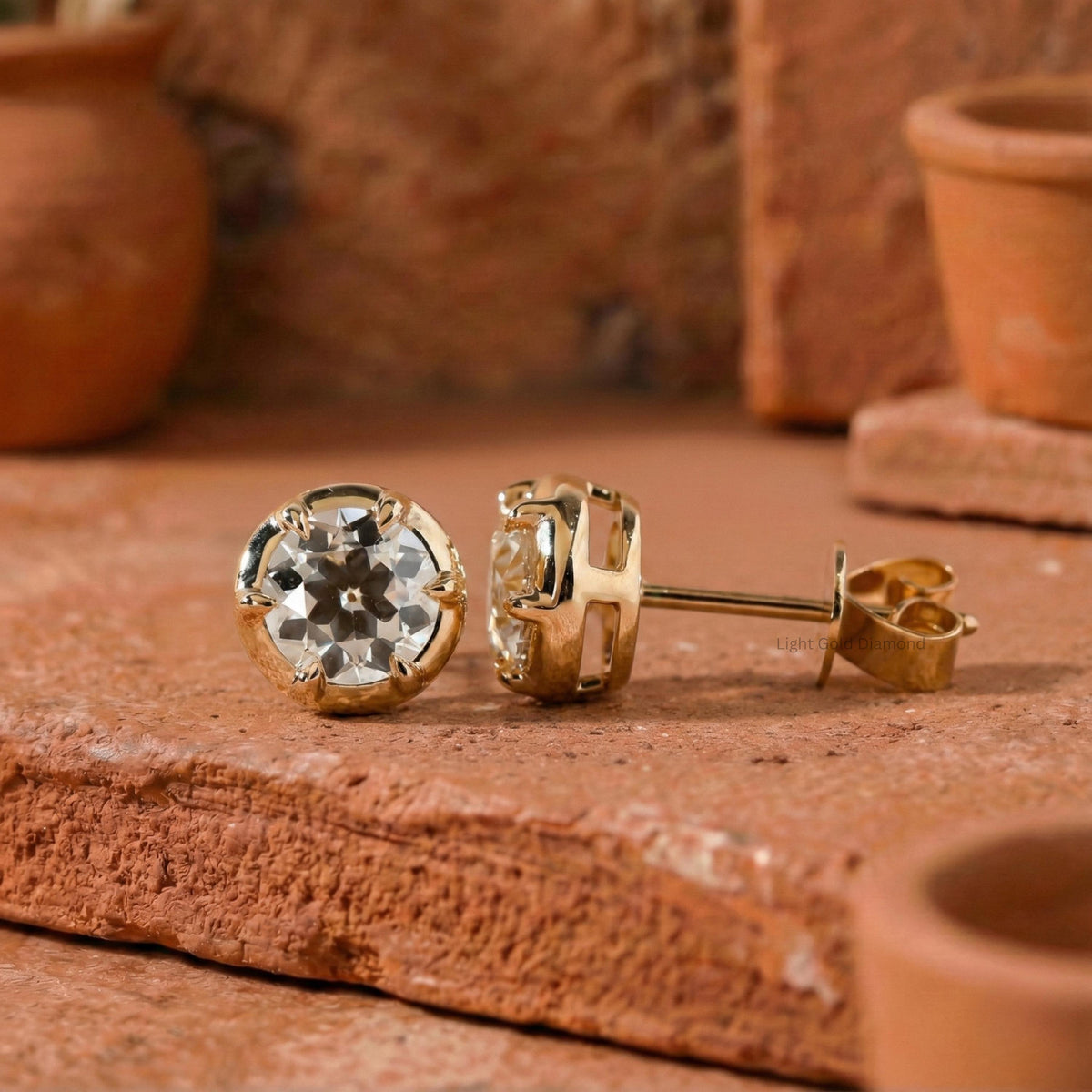 Old European Round Cut Lab Grown Diamond Bezel Stud Earrings