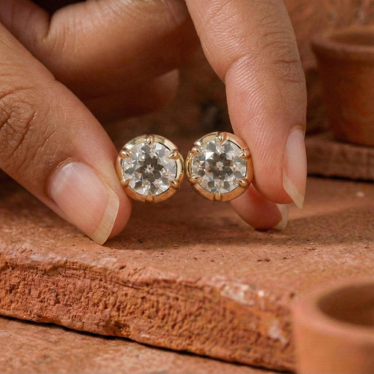 Old European Round Cut Lab Grown Diamond Bezel Stud Earrings
