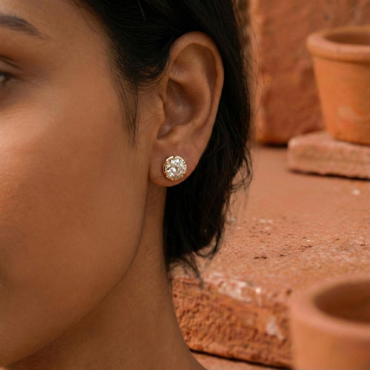 Old European Round Cut Lab Grown Diamond Bezel Stud Earrings