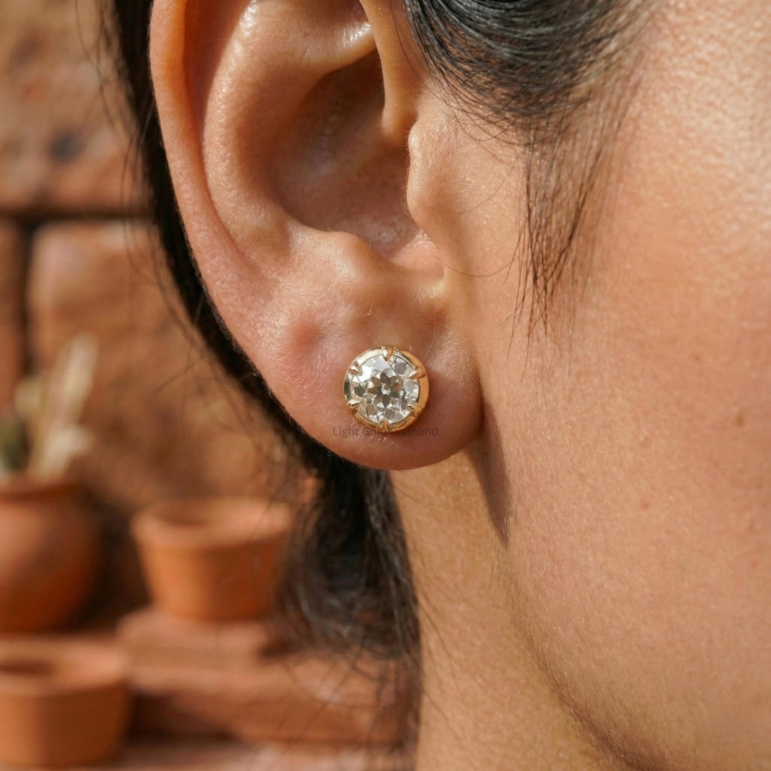 Old European Round Cut Lab Grown Diamond Bezel Stud Earrings