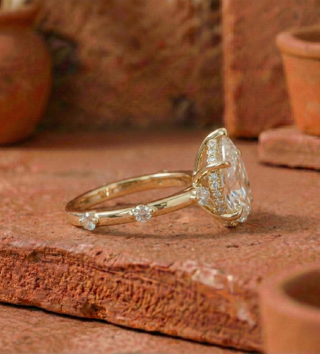 Lab Grown Pear Cut Diamond Hidden Halo Solitaire Ring